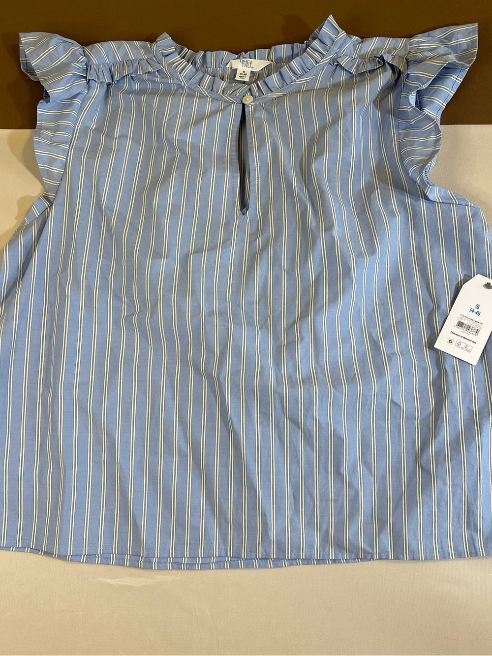Time and Tru Blue & White Vertical Stripe Ruffle Neck Top